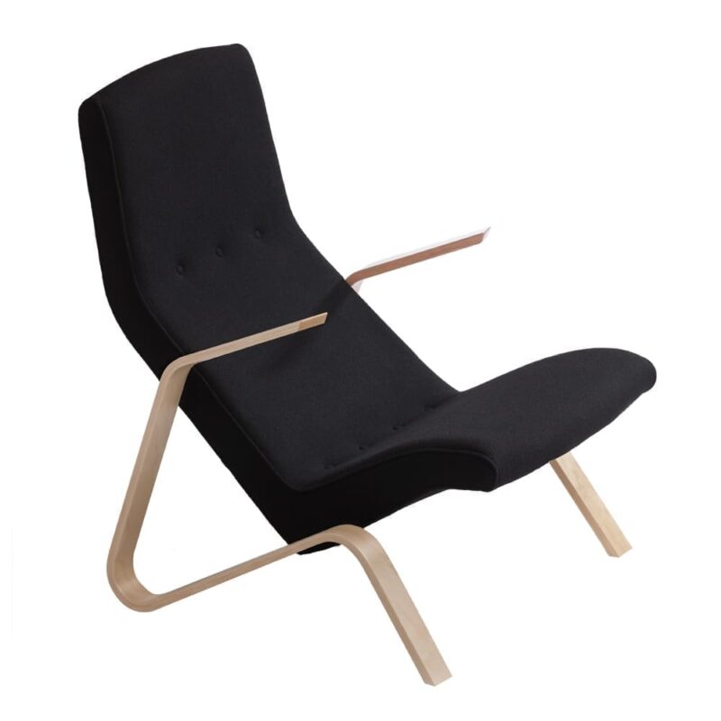 Grasshopper nojatuoli, käsinojat koivua, musta villakangas, Eero Saarinen design.