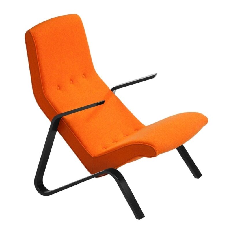 Grasshopper nojatuoli, mustat käsinojat, oranssi Hallingdal villakangas, Eero Saarinen design.