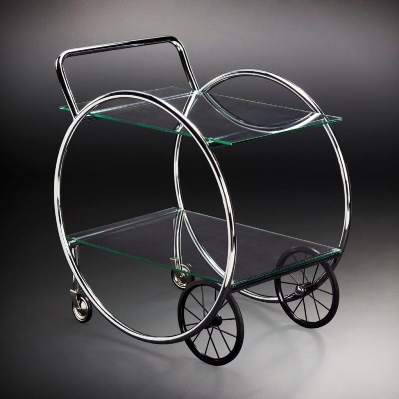 PostDeco tarjoiluvaunu 1400, kromattu teräs/lasitasot. P.E.Blomstedt design.