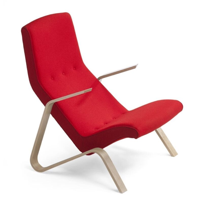 Grasshopper nojatuoli, käsinojat koivua, punainen villakangas, Original Eero Saarinen design.