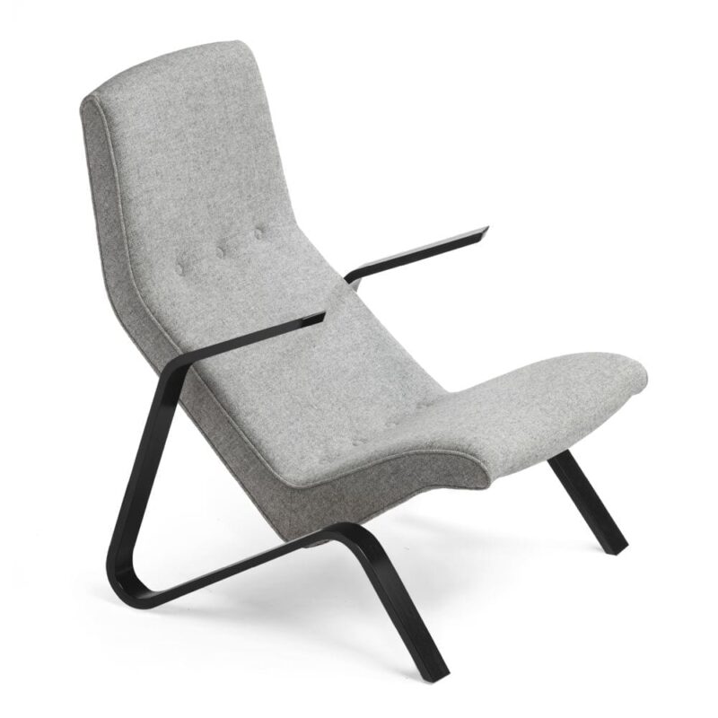 Grasshopper chair, käsinojat mustaksi petsattua koivua, harmaa villakangas Kvadrat Hallingdal, Original Eero Saarinen design.