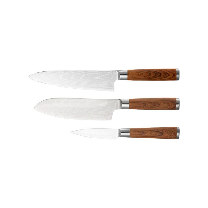 Yari veitsisetti 58777, Kolmiosaisessa setissä 18 cm kokki- ja lihaveitsi sekä 8,5 cm kuorimaveitsi. Materiaali: ruostumaton teräs