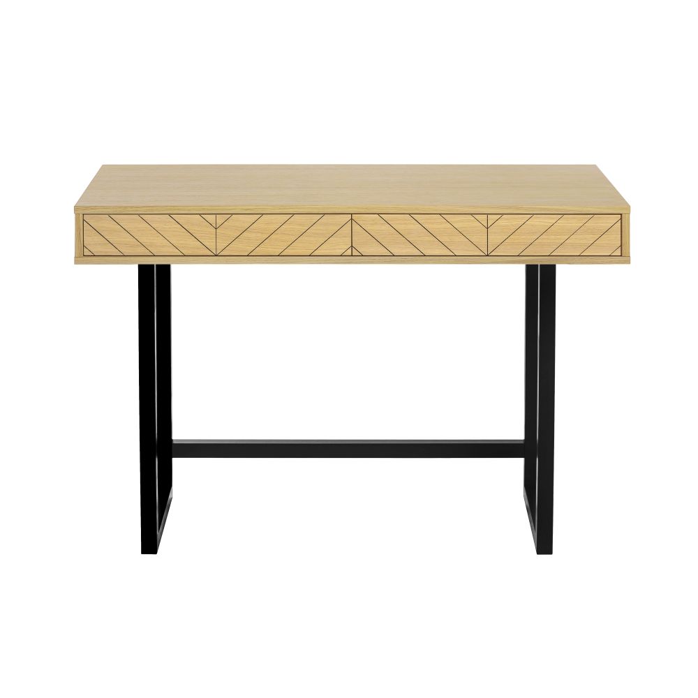 Camden työpöytä, tammiviilutettu runko, 2 vetolaatikkoa. Jalat mustaksi petsattua massiivikoivua. Paino 28 kg.