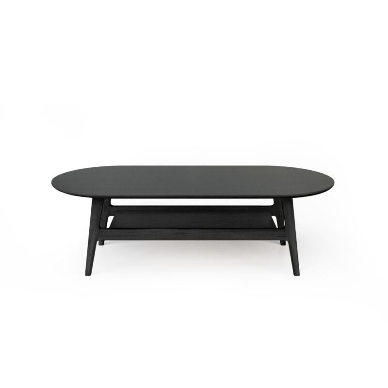 Butterfly sohvapöytä, pituus 130 cm ja leveys 60 cm. Mustaksi petsatut tammiviilutasot ja jalat massiivitammea.