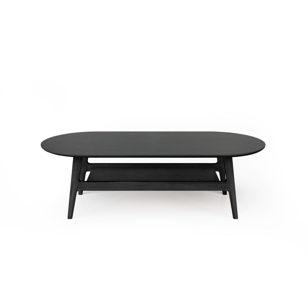 Butterfly sohvapöytä, pituus 130 cm ja leveys 60 cm. Mustaksi petsatut tammiviilutasot ja jalat massiivitammea.