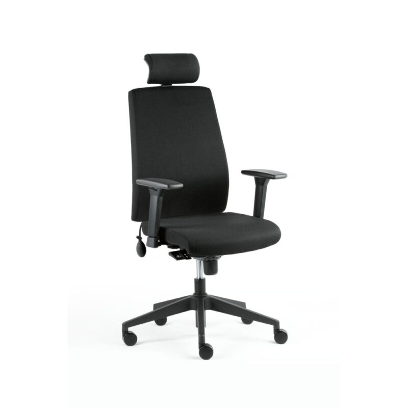 Toplux Comfo Two työtuoli, käsinojallinen, korkea selkänoja ja ilmatäytteinen ristiseläntuki, kestävä musta verhous.