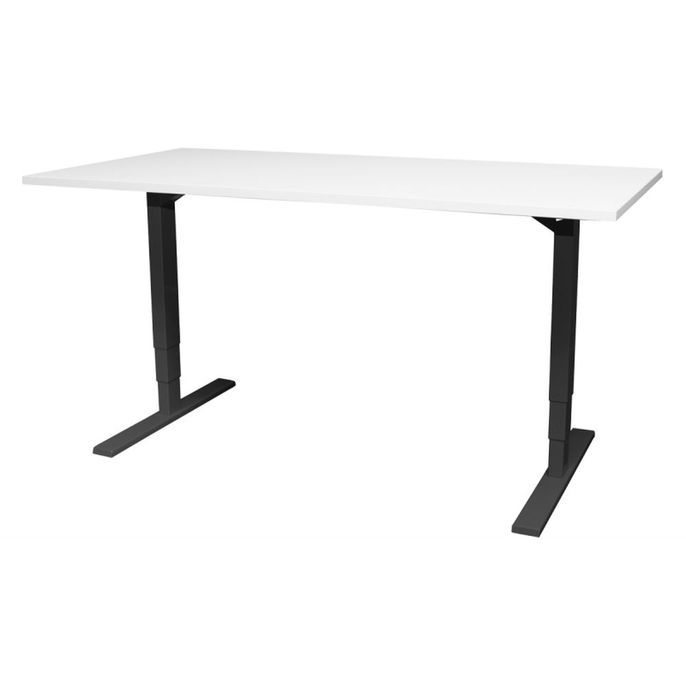 Essi sähkösäätöpöytä, 120x60 cm, mustaksi maalattu metallirunko, taso valkoista melamiinia.