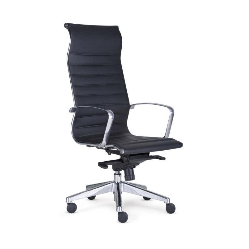 Toplux Sitio Deluxe Hight neuvottelutuoli, ristikko ja käsinojat kiillotettua alumiinia, verhoiltu mustalla keinonahalla, pyörät.