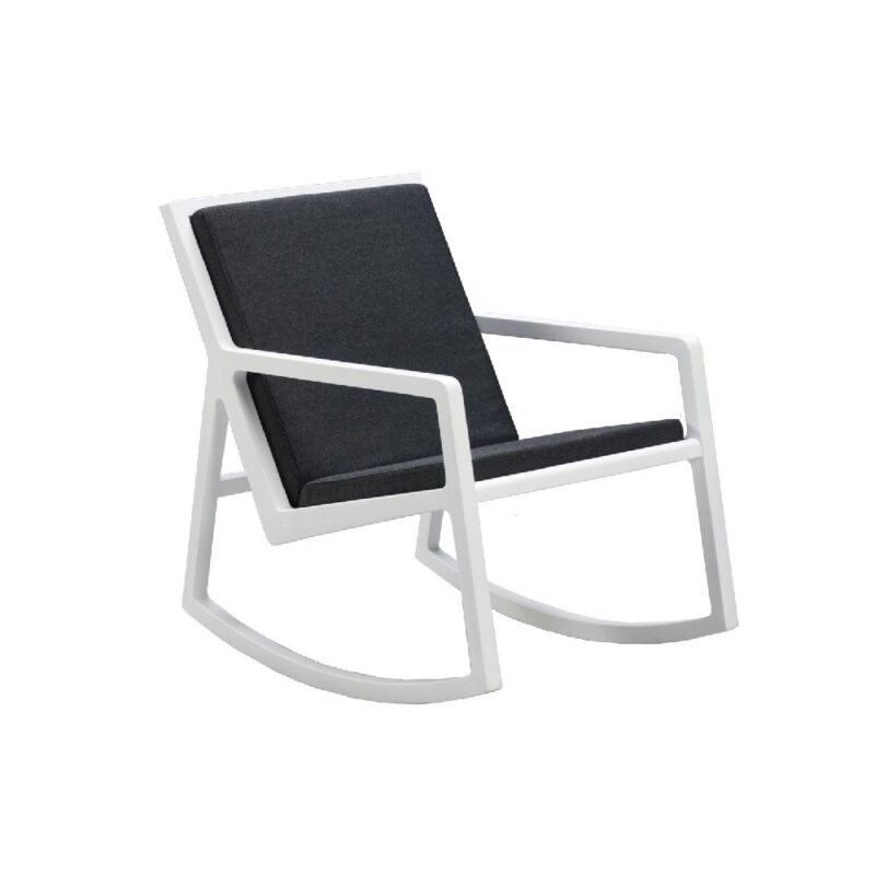 Lux keinutuoli, valkoinen runko, verhoiltu tumman harmaalla Lido-kankalla.