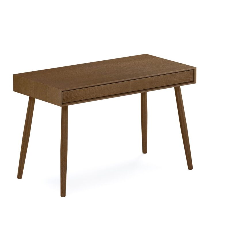 Carson työpöytä, tammiviilutettu taso ja jalat massiivitammea, pähkinän säivyinen lakka pintakäsittelyssä. Lev. 120 cm, syv. 60 cm ja kork. 78 cm. Paino: 21 kg. Kaunis pöytä.