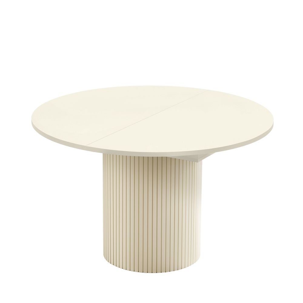 Toscana jatkettava pöytä 120 MEL Casmere Beige, Pöytälevy melamiinilevyllä pinnoitettua kalustelevyä, jalusta uritettua MDF-levyä, joka maalattua beigen väriseksi.