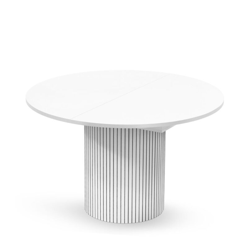 Toscana jatkettava pöytä, valkoinen melamiinitaso, jalusta uritettua MDF-levyä valkoiseksi maalattuna. Halk. 120 cm, pituus jatkettuna 160 cm, kork. 74 cm.