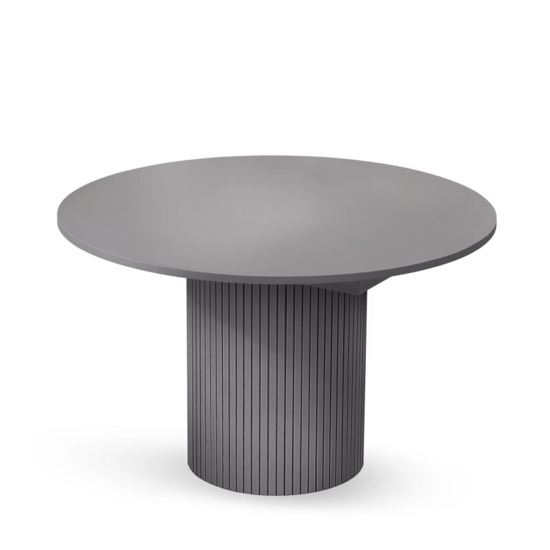 Toscana jatkettava pöytä, halk. 120 cm, jatkettuna 160 cm pitkä, taso melamiinilla pinnoitettua kalustelevyä. jalusta uritettua MDF-levyä harmaaksi maalattuna. Korkeus 74 cm.