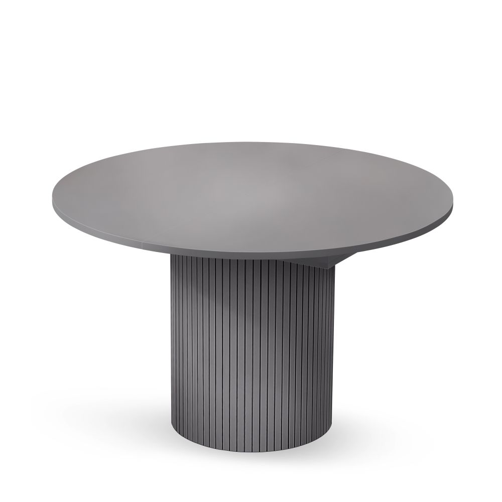 Toscana jatkettava pöytä, halk. 120 cm, jatkettuna 160 cm pitkä, taso melamiinilla pinnoitettua kalustelevyä. jalusta uritettua MDF-levyä harmaaksi maalattuna. Korkeus 74 cm.